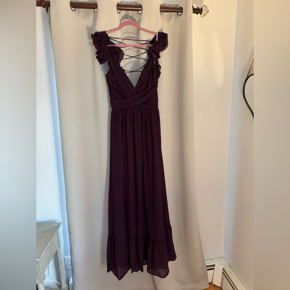Lulu’s Soirée Celebration Purple Ruffled Lace-Up Maxi Dress